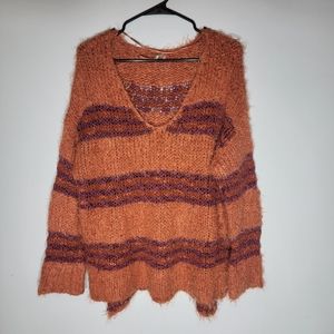 FREE PEOPLE HIGH LOW LINUS STRIPE ORANGE SWEATER
